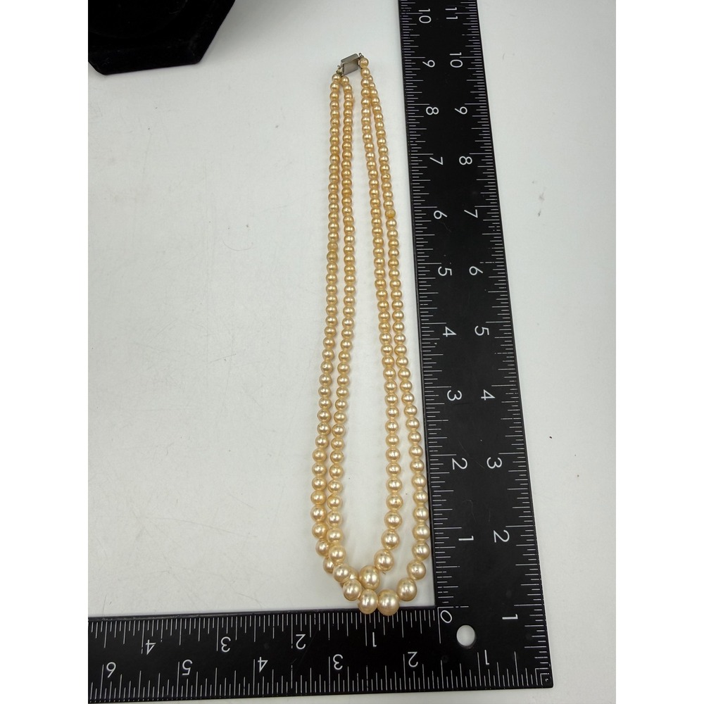 Vintage Double Strand Faux Pearl Necklace Graduated Cream Beads Filigree Clasp - Picture 2 of 4